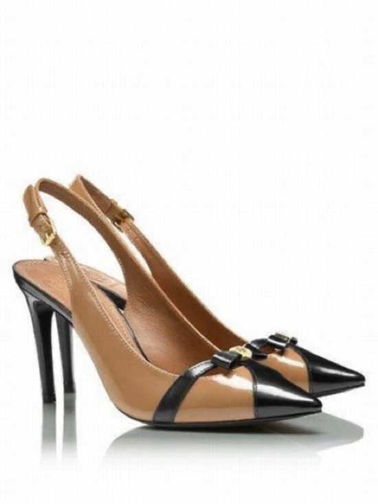 Tory Burch Shoes - Tory Burch Tan Patent Leather Pointed Slingback Pumps Bow Black Trim Size 11
